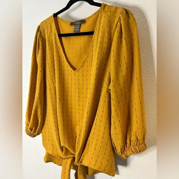 Olivia and Martin Mustard Yellow V-Neck Tie-Front Blouse Size 1X - Picture 3 of 7